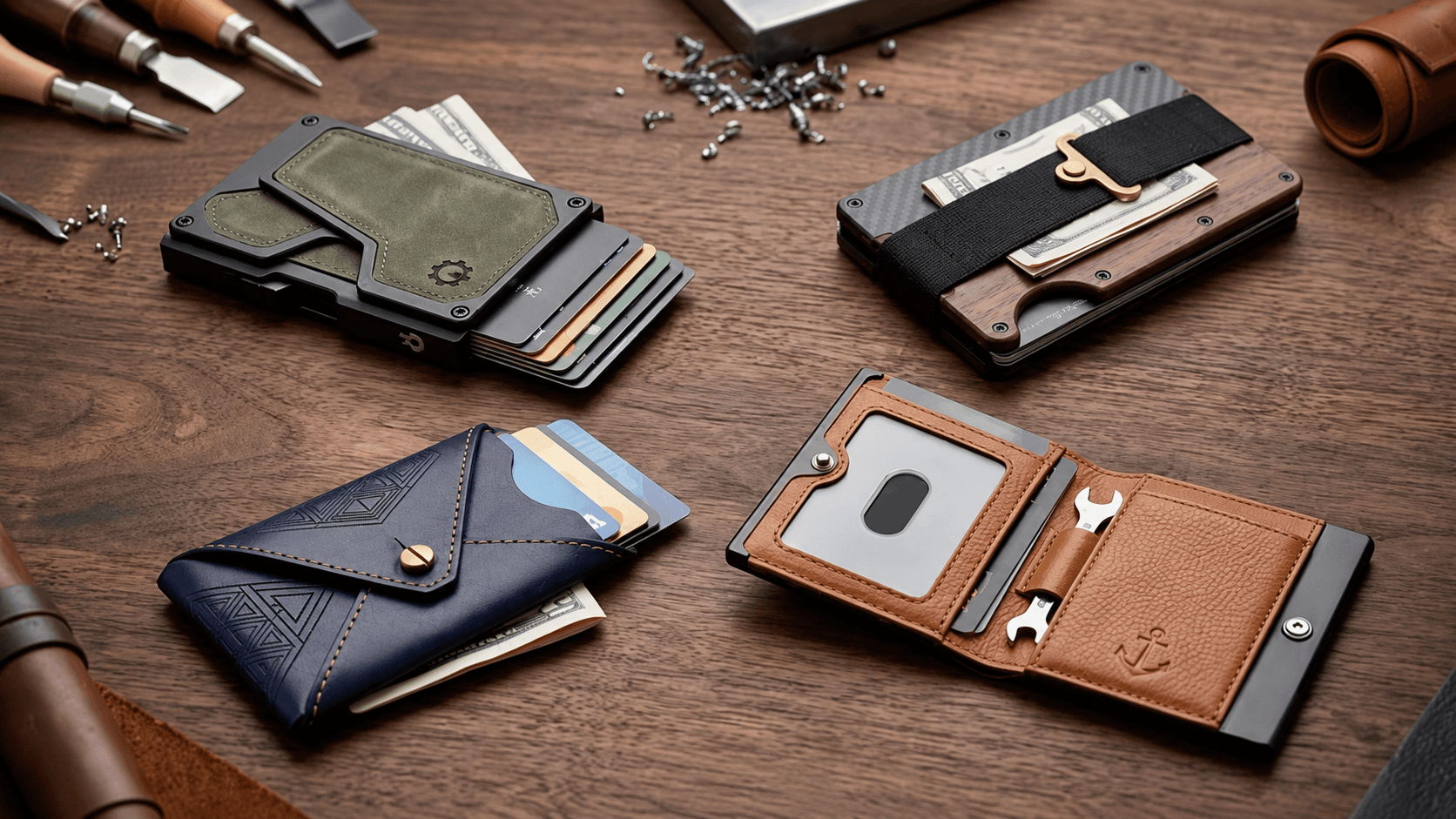 A flat-lay of leather wallets and card holders on a workbench — Luxus International